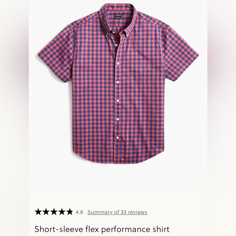 J. Crew Men’s Pink and Navy Gingham Flex Performance Washed Short-Sleeve Shirt